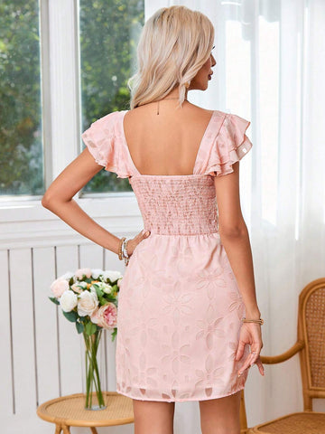 Floral Cutout Square Collar Ruffle Hem Decor Fitting Midi Dress