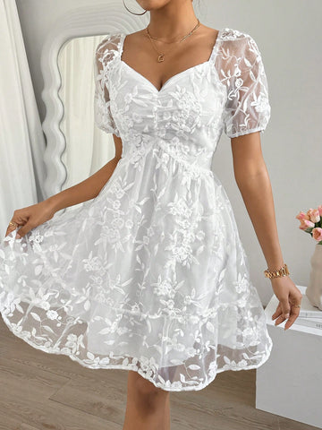 Floral Embroidery Mesh Dress With Diamond-Shape Neckline