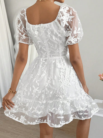 Floral Embroidery Mesh Dress With Diamond-Shape Neckline