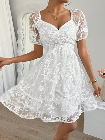 Floral Embroidery Mesh Dress With Diamond-Shape Neckline