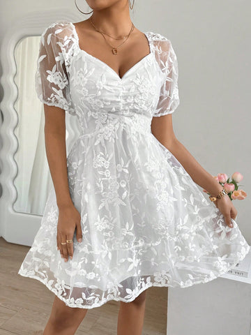 Floral Embroidery Mesh Dress With Diamond-Shape Neckline