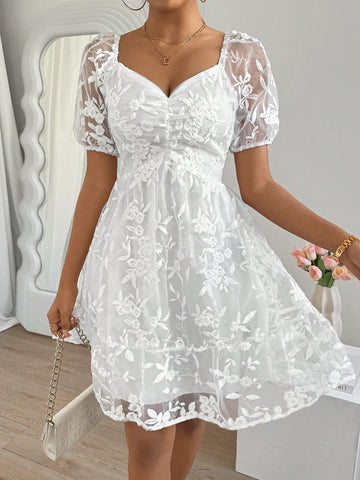 Floral Embroidery Mesh Dress With Diamond-Shape Neckline