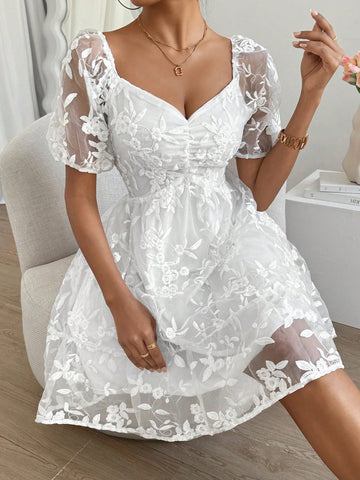 Floral Embroidery Mesh Dress With Diamond-Shape Neckline