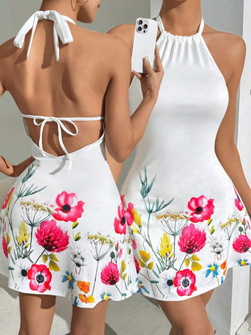 Floral Hollow Out Back Strap Suspended Neckline Dress