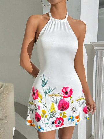 Floral Hollow Out Back Strap Suspended Neckline Dress