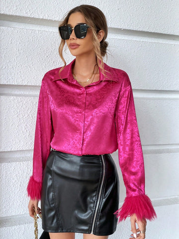 Floral Jacquard Fuzzy Cuff Shirt