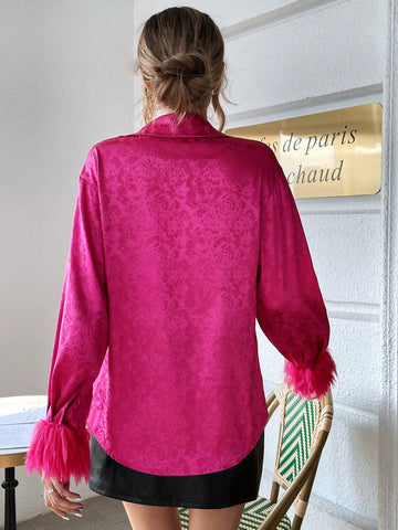 Floral Jacquard Fuzzy Cuff Shirt