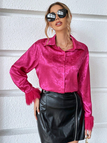 Floral Jacquard Fuzzy Cuff Shirt