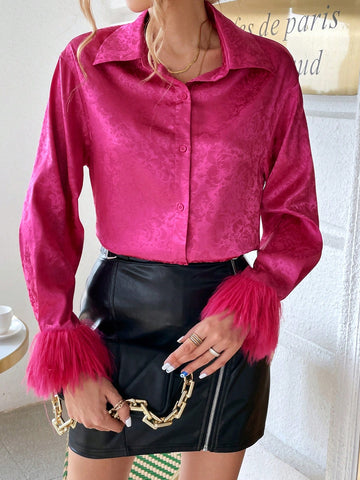 Floral Jacquard Fuzzy Cuff Shirt