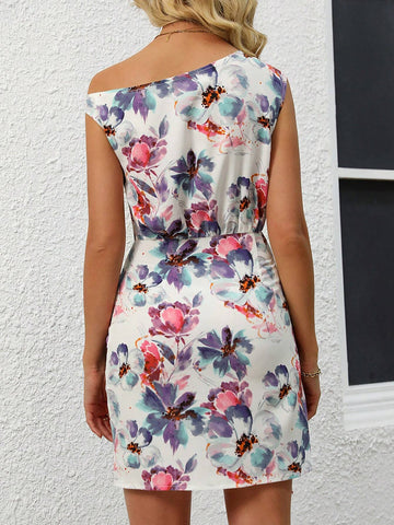 Floral Print Asymmetric Wrap Neckline Dress