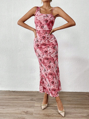 Floral Print Asymmetrical Neck Dress
