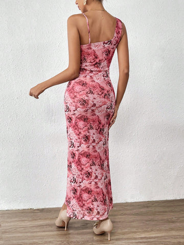 Floral Print Asymmetrical Neck Dress