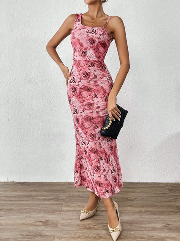 Floral Print Asymmetrical Neck Dress