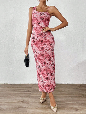 Floral Print Asymmetrical Neck Dress