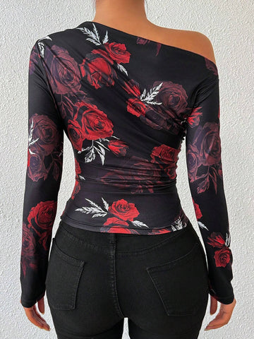 Floral Print Asymmetrical Ruffle Long Sleeve T-Shirt