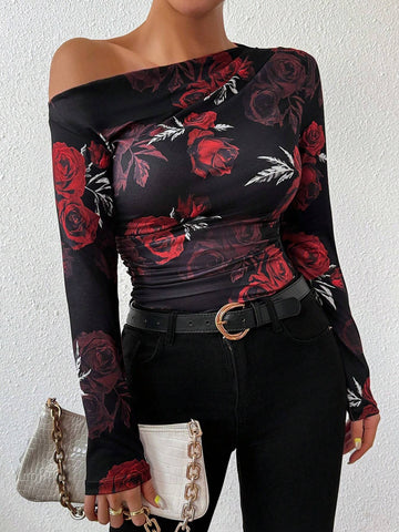 Floral Print Asymmetrical Ruffle Long Sleeve T-Shirt