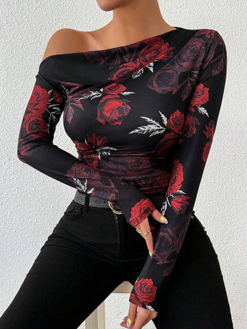 Floral Print Asymmetrical Ruffle Long Sleeve T-Shirt