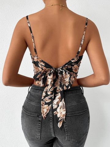 Privé Floral Print Cowl Neck Satin Crop Cami Top