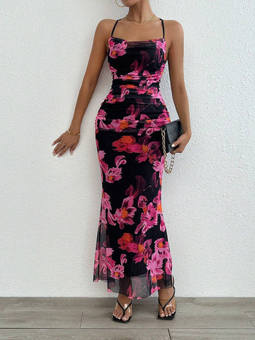 Floral Print Crisscross Backless Ruched Cami Dress