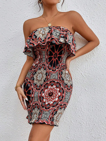 Floral Print Ruffled Edges Decorated Bandeau Dress