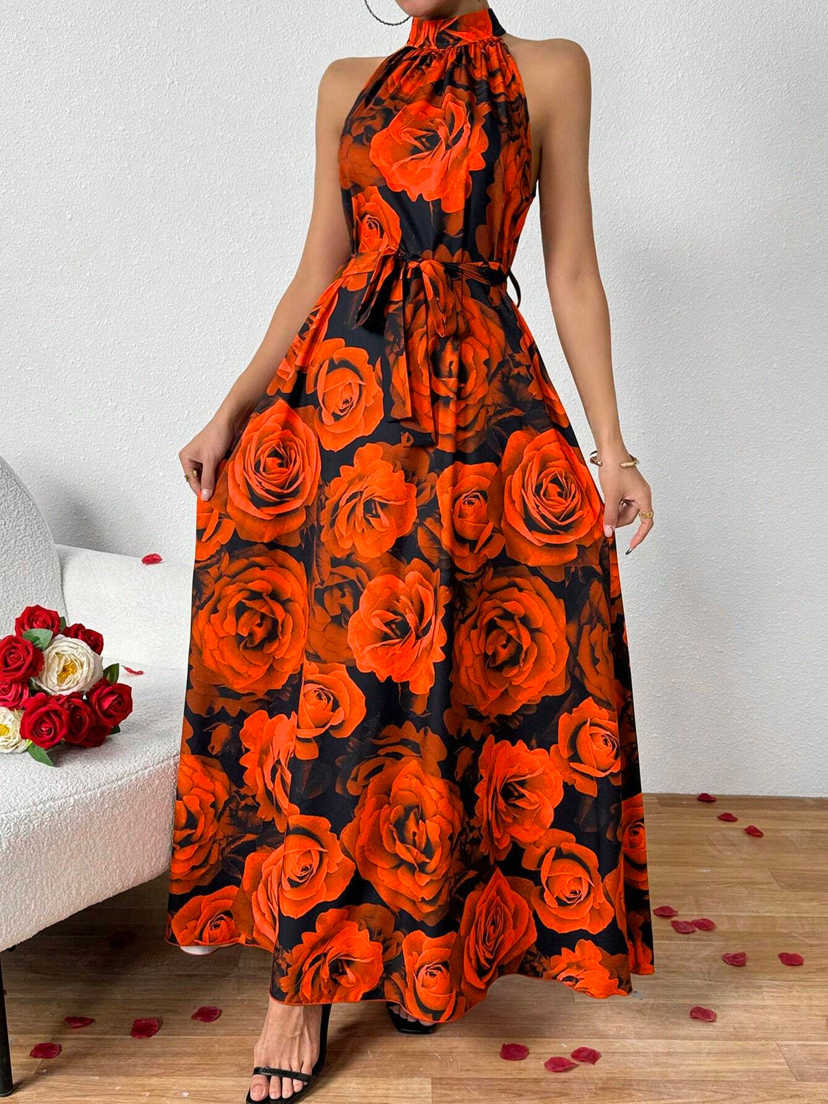 Floral Print Sleeveless Cinched Waist Dress