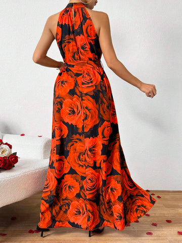 Floral Print Sleeveless Cinched Waist Dress