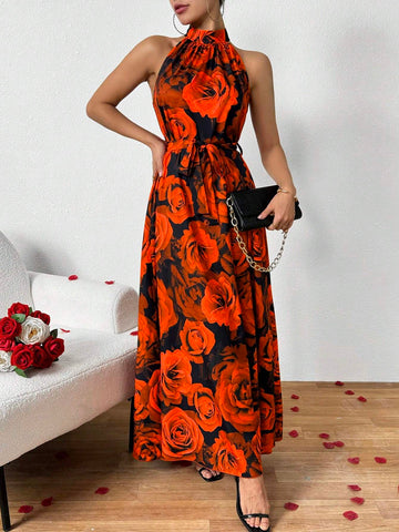 Floral Print Sleeveless Cinched Waist Dress