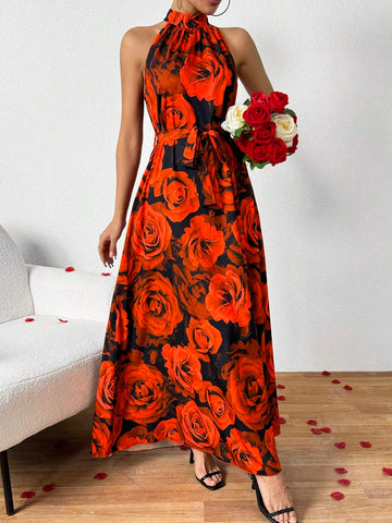Floral Print Sleeveless Cinched Waist Dress