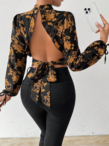 Privé Floral Print Tie Backless Mock Neck Crop Blouse