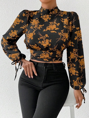 Privé Floral Print Tie Backless Mock Neck Crop Blouse