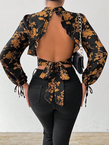 Privé Floral Print Tie Backless Mock Neck Crop Blouse