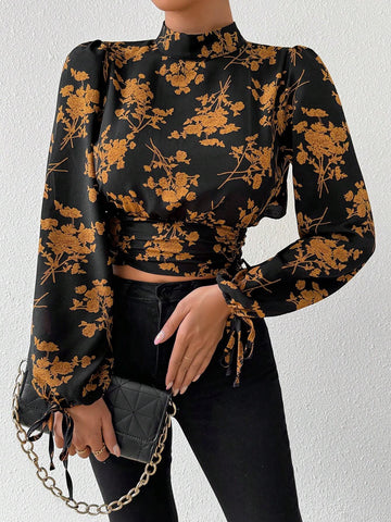 Privé Floral Print Tie Backless Mock Neck Crop Blouse