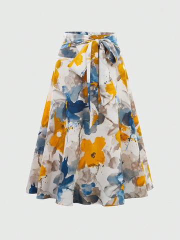 Privé Floral Print Tie Waist Casual Vacation Skirt