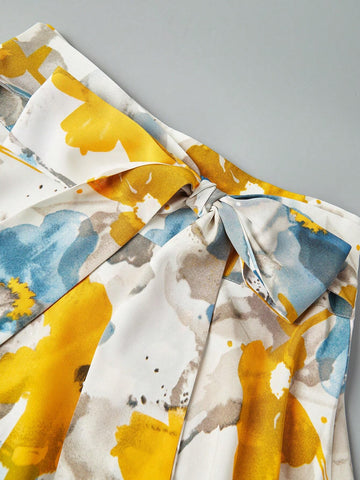 Privé Floral Print Tie Waist Casual Vacation Skirt