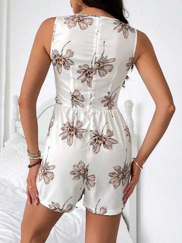 Floral Print V-Neck Belted Romper