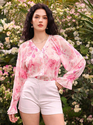 Privé Floral Printed Chiffon Long Sleeve Shirt