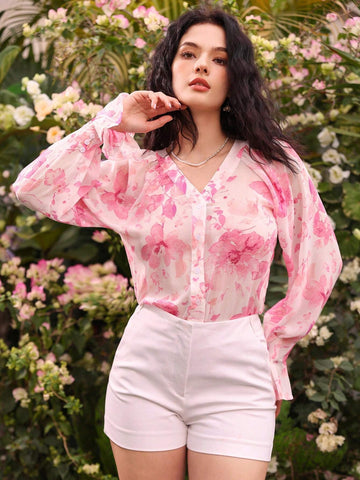Privé Floral Printed Chiffon Long Sleeve Shirt