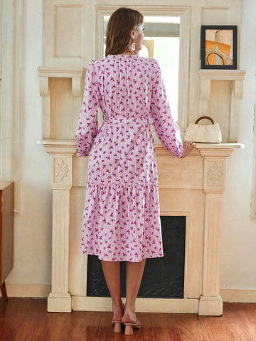 Floral Printed Long Sleeve Dress With Ruffled Hemline