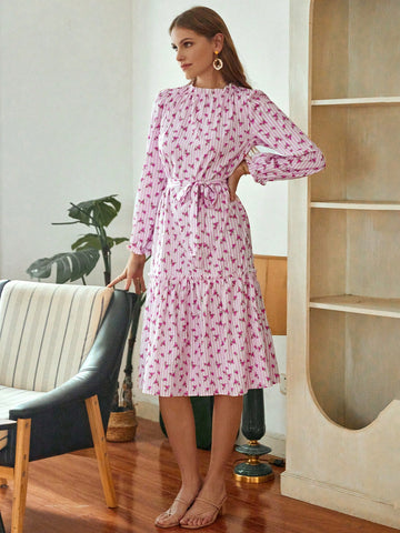 Floral Printed Long Sleeve Dress With Ruffled Hemline