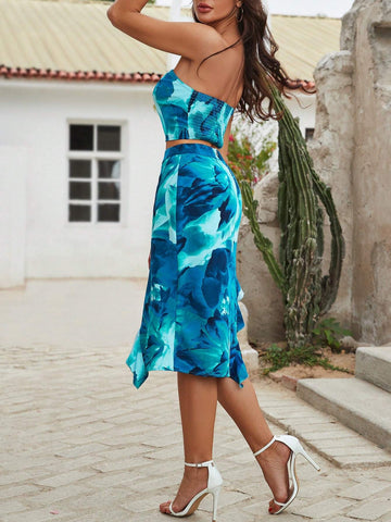 Floral Printed Tube Top And Asymmetric Hem Skirt With Ruffle Trim