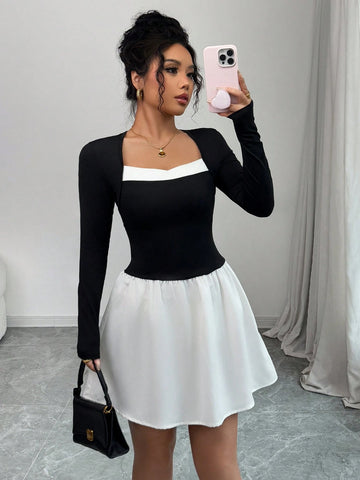 Form-Fitting Elegant Square Collar Color Block Women Dress