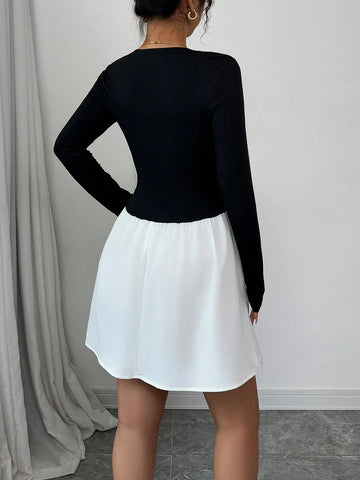 Form-Fitting Elegant Square Collar Color Block Women Dress