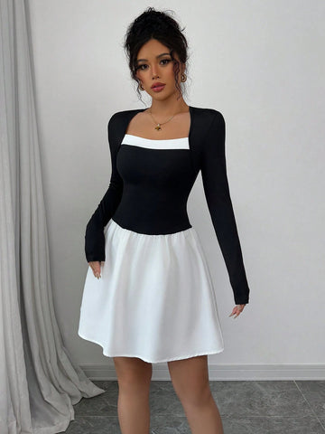 Form-Fitting Elegant Square Collar Color Block Women Dress
