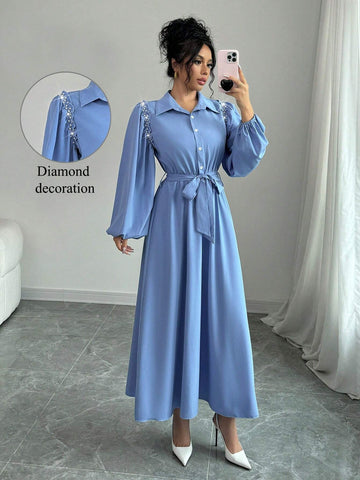 French Design Long Rhinestone Decorated Ruffle Trim Lantern Sleeve Dress With Shirt Collar