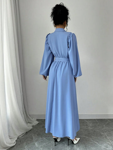 French Design Long Rhinestone Decorated Ruffle Trim Lantern Sleeve Dress With Shirt Collar