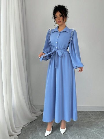 French Design Long Rhinestone Decorated Ruffle Trim Lantern Sleeve Dress With Shirt Collar