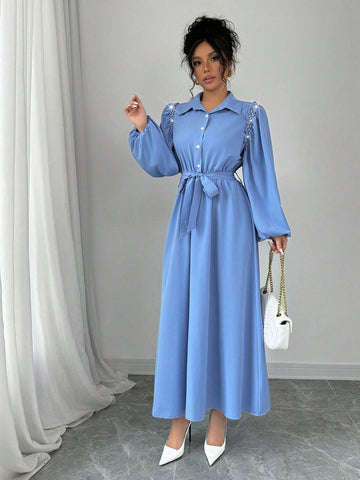 French Design Long Rhinestone Decorated Ruffle Trim Lantern Sleeve Dress With Shirt Collar