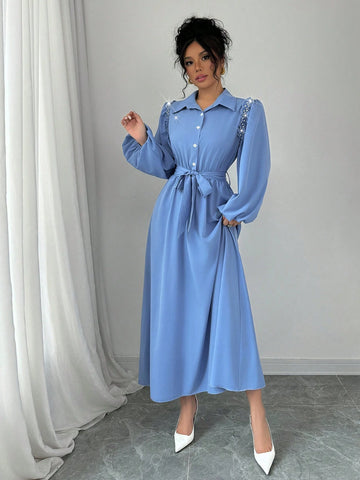 French Design Long Rhinestone Decorated Ruffle Trim Lantern Sleeve Dress With Shirt Collar