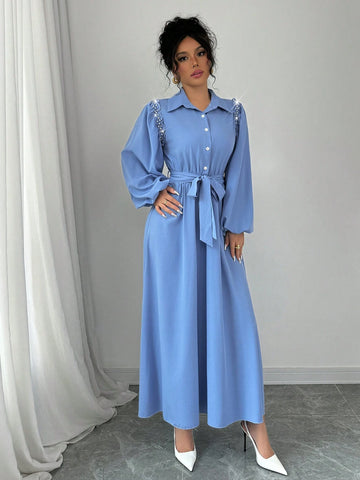 French Design Long Rhinestone Decorated Ruffle Trim Lantern Sleeve Dress With Shirt Collar