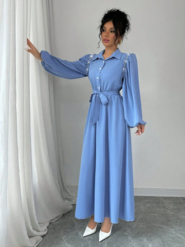 French Design Long Rhinestone Decorated Ruffle Trim Lantern Sleeve Dress With Shirt Collar